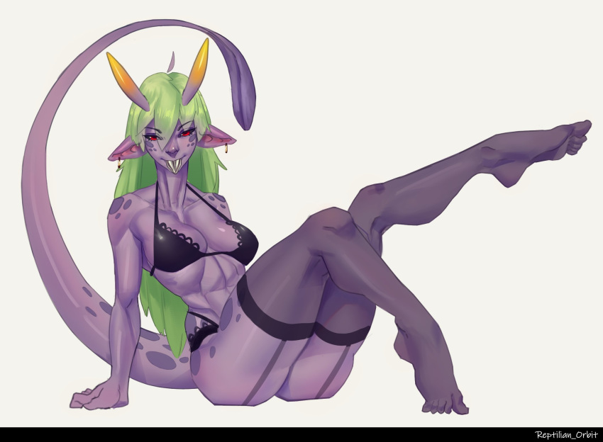 animal_humanoid big_breasts bra breasts clothed clothing female garter_straps hi_res humanoid legwear looking_at_viewer reptilian_orbit slug_wife solo thigh_highs underwear