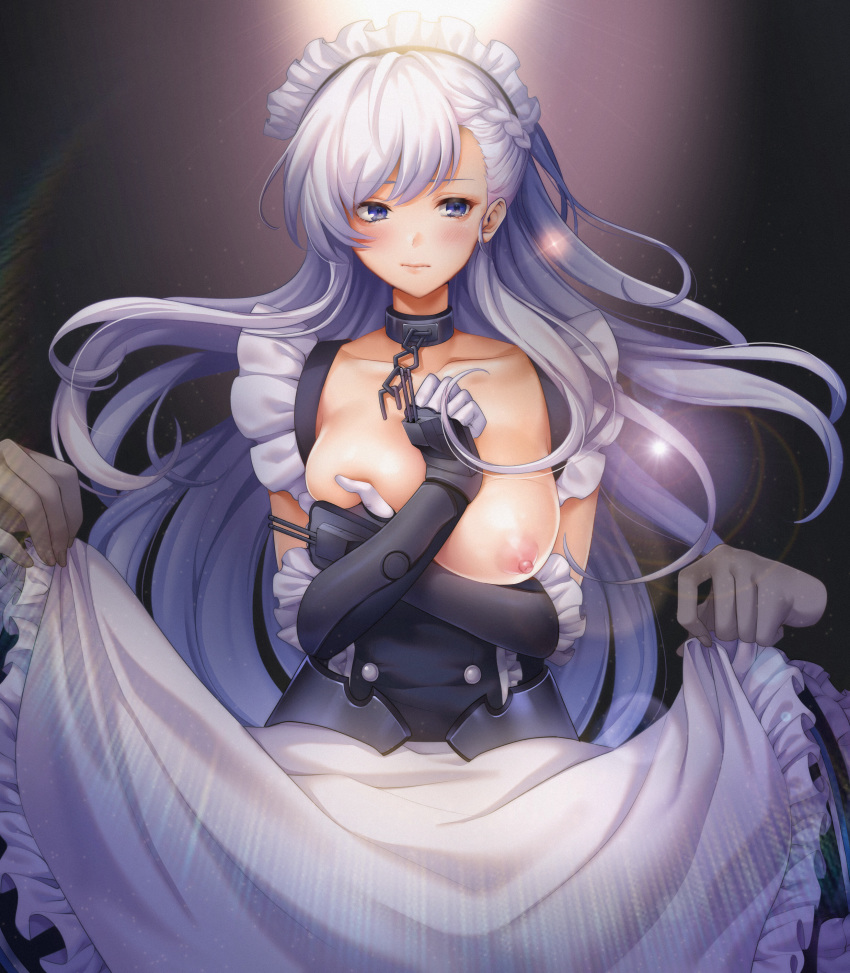 1girl 3ri10te absurdres apron asymmetrical_bangs azur_lane bangs belfast_(azur_lane) blue_eyes blush braid breasts breasts_outside chain collar collarbone covering covering_one_breast cowboy_shot disembodied_hands disembodied_limb elbow_gloves floating_hair gloves highres lens_flare light lips long_hair looking_at_viewer looking_away looking_to_the_side maid maid_apron maid_headdress medium_breasts nipples rainbow silver_hair skirt skirt_lift turret