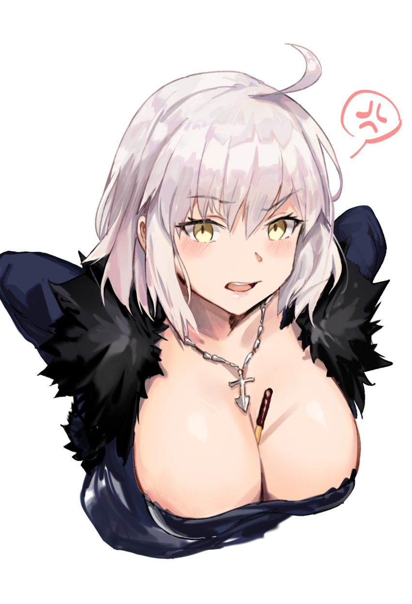 1girl absurdres ahoge bangs between_breasts bk201 breasts cleavage coat eyebrows_visible_through_hair fate/grand_order fate_(series) food from_above fur-trimmed_coat fur-trimmed_jacket fur_collar fur_trim highres jacket jeanne_d'arc_(alter)_(fate) jeanne_d'arc_(fate)_(all) large_breasts looking_at_viewer open_mouth pocky pocky_day short_hair silver_hair yellow_eyes