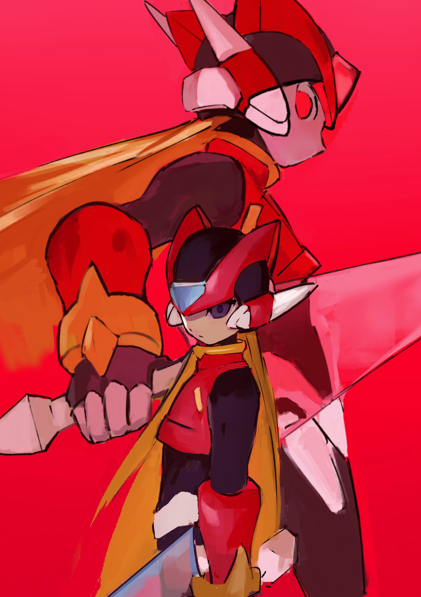 2boys absurdres android armor blonde_hair blue_eyes energy_sword gloves helmet highres holding holding_weapon long_hair male_focus multiple_boys omega_(rockman) ponytail red_background red_eyes robot rockman rockman_zero simple_background somnusfr sword very_long_hair weapon zero_(rockman)