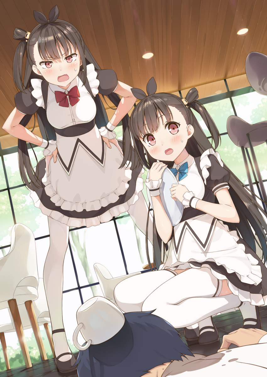 1boy 2girls :o angry bangs black_bow blue_bow blush bow brown_hair ceiling chair coffee_mug cup hair_bow hands_on_hips highres holding holding_tray leaning_forward long_hair looking_at_viewer lying maid mug multiple_girls on_stomach original pantyhose pink_eyes red_bow short_sleeves squatting sweatdrop thighhighs tray tsubure_manjuu very_long_hair white_legwear window wrist_cuffs