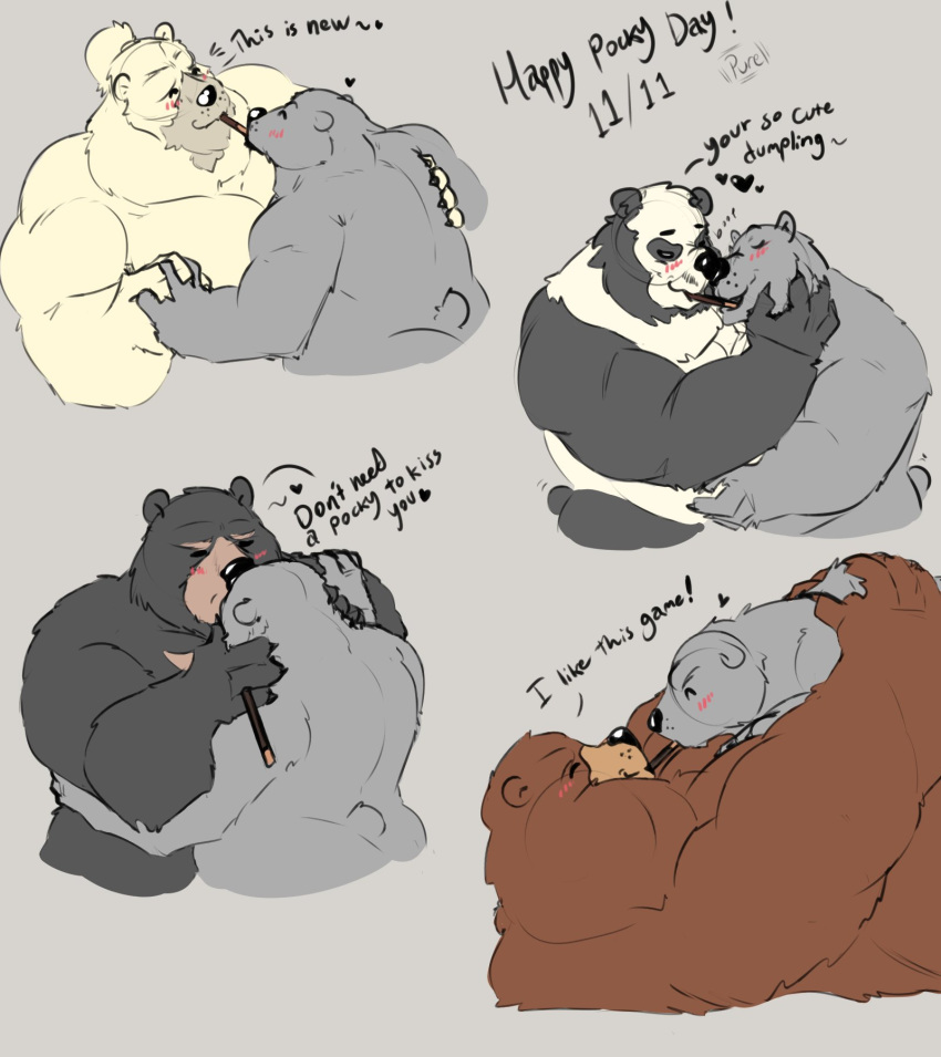 2019 anthro belly black_body black_fur blush brown_body brown_fur butt eyes_closed food fur giant_panda group hi_res hug humanoid_hands kissing male mammal overweight overweight_male pocky polar_bear pure_command ursid ursine white_body white_fur