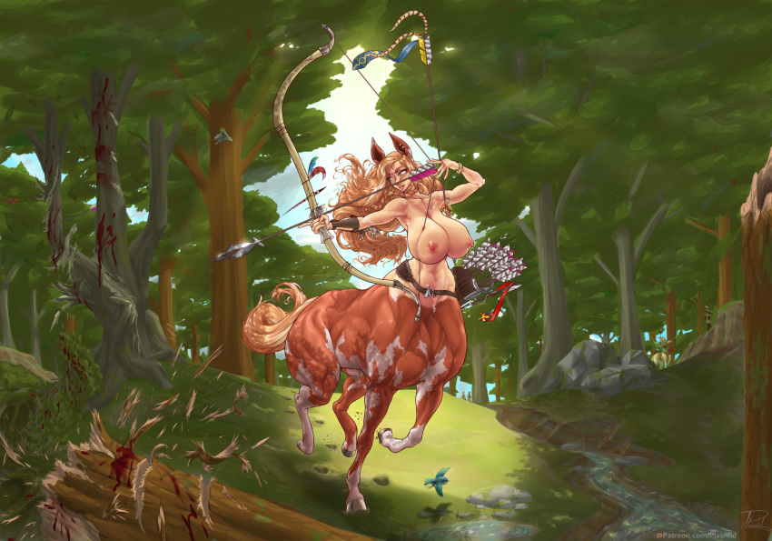 areola arrow big_breasts blood bodily_fluids bow bow_(weapon) breasts centaur ear_piercing equid equid_taur eyelashes female forest hair hi_res hooves mammal mammal_taur nipples nude outside piercing plasmidhentai quiver ranged_weapon solo taur tree weapon