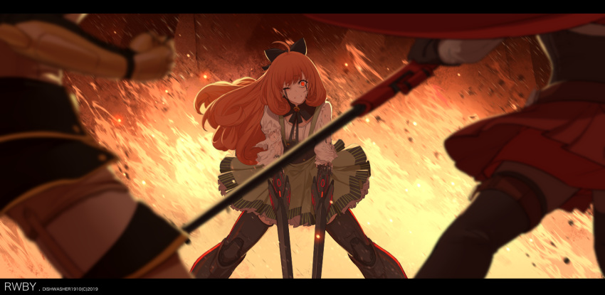 3girls ahoge backlighting bangs battle black_bow black_gloves black_legwear black_neckwear black_skirt blurry blurry_foreground bow bowtie cape clenched_teeth commentary corset depth_of_field dishwasher1910 dual_wielding english_commentary eyebrows_visible_through_hair fire floating_hair garter_straps gloves green_skirt gun hair_bow holding holding_gun holding_weapon layered_skirt letterboxed looking_at_viewer mechanical_arm mechanical_leg miniskirt multiple_girls one_eye_closed orange_hair penny_polendina red_cape red_eyes red_skirt ruby_rose rwby shirt short_sleeves skirt solo_focus spoilers spread_legs standing suspender_skirt suspenders teeth thighhighs torn_clothes torn_shirt weapon white_shirt yang_xiao_long yellow_legwear