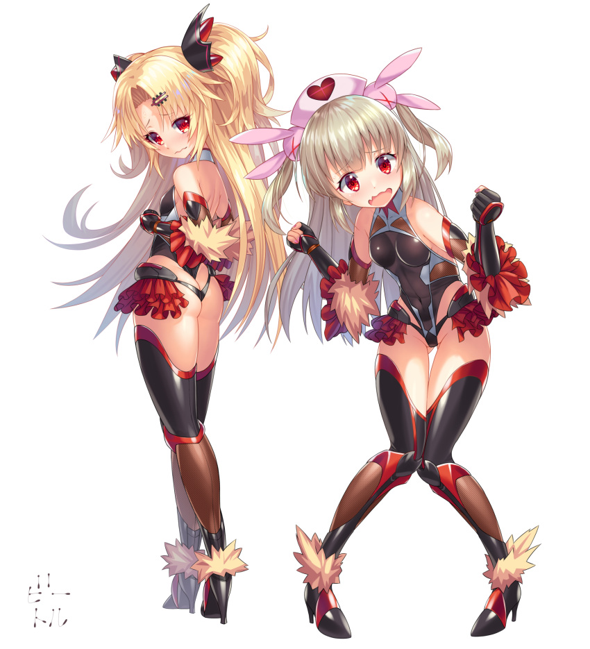 2girls :d akatsuki_yuni ass ass_visible_through_thighs bad_proportions bangs bare_shoulders bettle_(b_s_a_n) black_footwear black_gloves black_legwear blonde_hair breasts clenched_hand collar covered_navel fang gloves hair_ornament hairclip hat high_heels highres knees_together_feet_apart long_hair looking_at_viewer multiple_girls natori_sana nurse_cap open_mouth parted_bangs pink_headwear red_eyes sana_channel simple_background skin_fang small_breasts smile standing taimanin_suit thigh_gap thighhighs two_side_up uni_channel v_arms very_long_hair virtual_youtuber wavy_mouth white_background white_collar