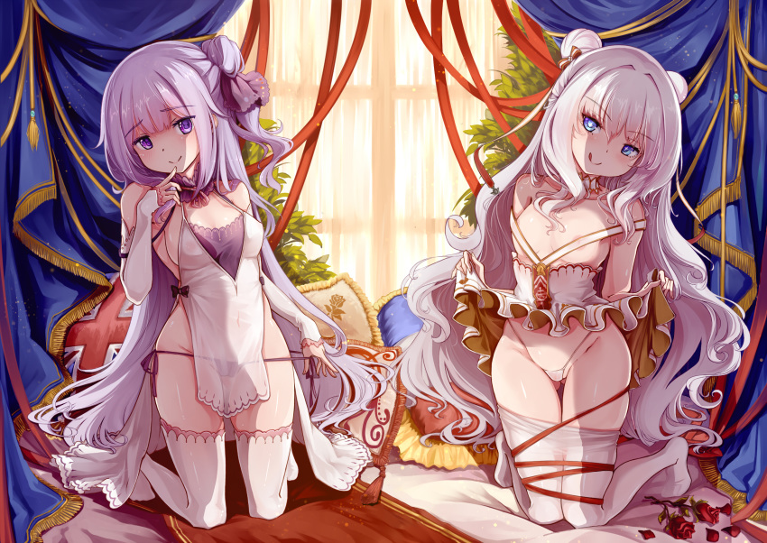 +_+ 2girls ahoge areola_slip areolae ass_visible_through_thighs azur_lane backlighting bangs bare_arms bare_shoulders black_ribbon blush bound bound_legs breasts collarbone commentary_request curtains detached_collar double_bun dress eyebrows_visible_through_hair flower full_body hair_bun hair_ribbon head_tilt highleg highleg_panties highres indoors kneeling le_malin_(azur_lane) licking_lips lifted_by_self long_hair looking_at_viewer multiple_girls nipple_slip nipples on_bed one_side_up panties pantyhose pantyhose_pull pelvic_curtain pillow purple_eyes purple_hair rhineheim ribbon ribbon_bondage rose see-through sidelocks silver_hair skindentation skirt skirt_lift small_breasts smile string_panties sunlight symbol-shaped_pupils thigh_gap thighhighs thong tongue tongue_out underwear unicorn_(azur_lane) very_long_hair wavy_hair white_dress white_legwear white_panties