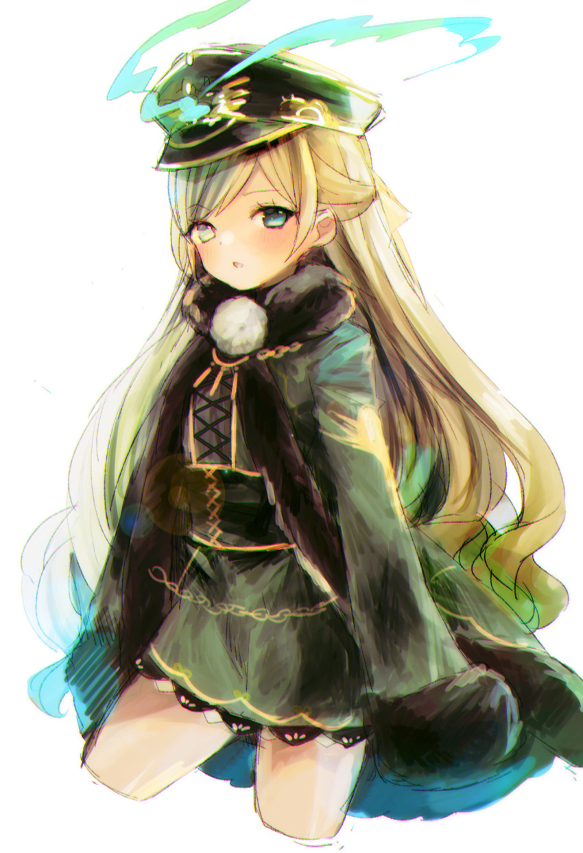 1girl bangs blue_eyes blush character_request commentary_request cropped_legs cross-laced_clothes cryptract eyebrows_visible_through_hair fur-trimmed_jacket fur-trimmed_sleeves fur_trim green_headwear green_jacket green_shirt green_skirt grey_eyes hat heterochromia highres jacket kikka_(kicca_choco) light_brown_hair long_hair long_sleeves looking_at_viewer open_clothes open_jacket parted_lips peaked_cap shirt simple_background skirt sleeves_past_fingers sleeves_past_wrists solo very_long_hair white_background
