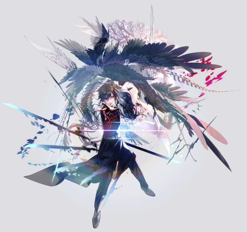 1boy 1girl absurdres ahoge belt black_hair blood blood_from_mouth blood_on_face bloody_hands bone brown_hair feathered_wings hair_between_eyes highres holding holding_sword holding_weapon insect_wings isekai_goumonhime lens_flare original red_eyes simple_background spine sword thorns ukai_saki weapon white_background wings