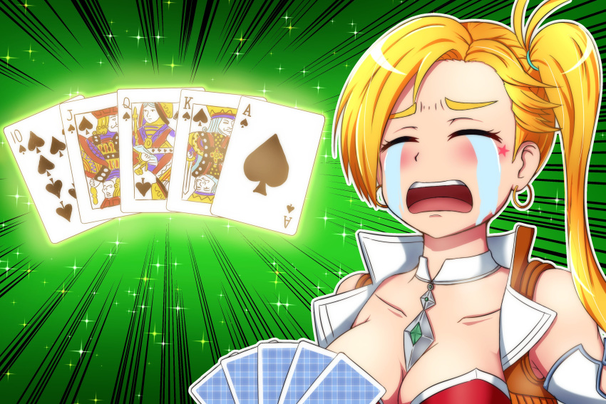 1girl absurdres blonde_hair breasts calamity_jane_(fate/grand_order) card choker cleavage closed_eyes crying defeat earrings emphasis_lines fate/grand_order fate_(series) highres hoop_earrings jewelry playing_card poker royal_flush side_ponytail sotomichi streaming_tears tears
