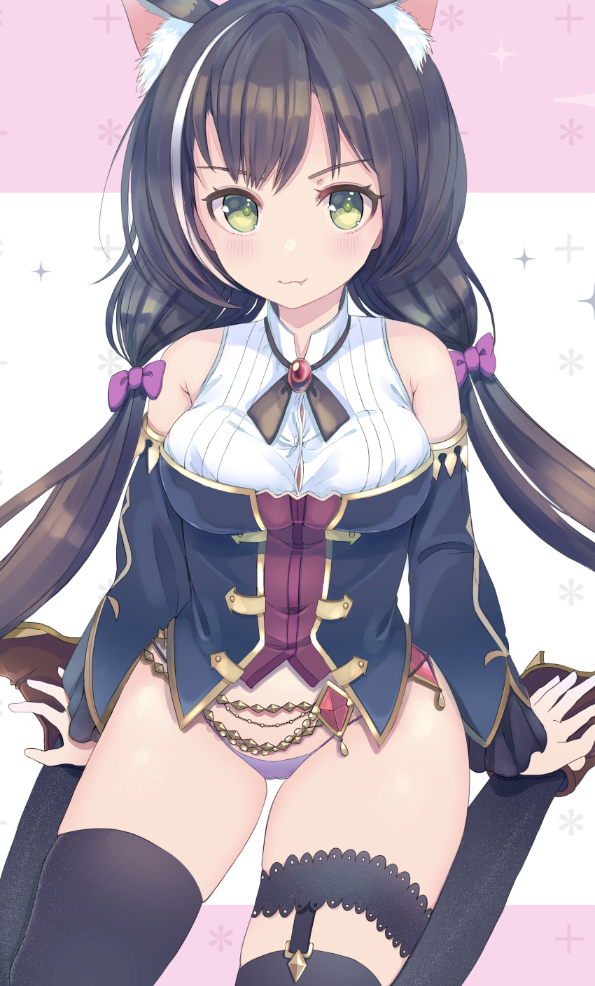 1girl :3 absurdres ancolatte_(onikuanco) animal_ear_fluff animal_ears bangs bare_shoulders black_hair black_legwear blush boots bow breasts brooch cat_ears cat_tail closed_mouth detached_sleeves eyebrows_visible_through_hair fang fang_out green_eyes hair_between_eyes hair_bow highres jewelry kyaru_(princess_connect) long_hair looking_at_viewer low_twintails medium_breasts multicolored_hair no_pants panties princess_connect! princess_connect!_re:dive purple_bow purple_panties sitting skindentation solo streaked_hair string_panties tail thighhighs twintails underwear very_long_hair wariza white_hair
