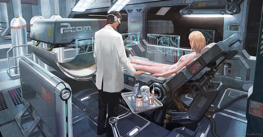 1boy 1girl black_hair breasts commentary headset holographic_interface hospital indoors jar labcoat light_brown_hair lying medium_hair noba on_back original power_lines science_fiction short_hair sideboob signature tray