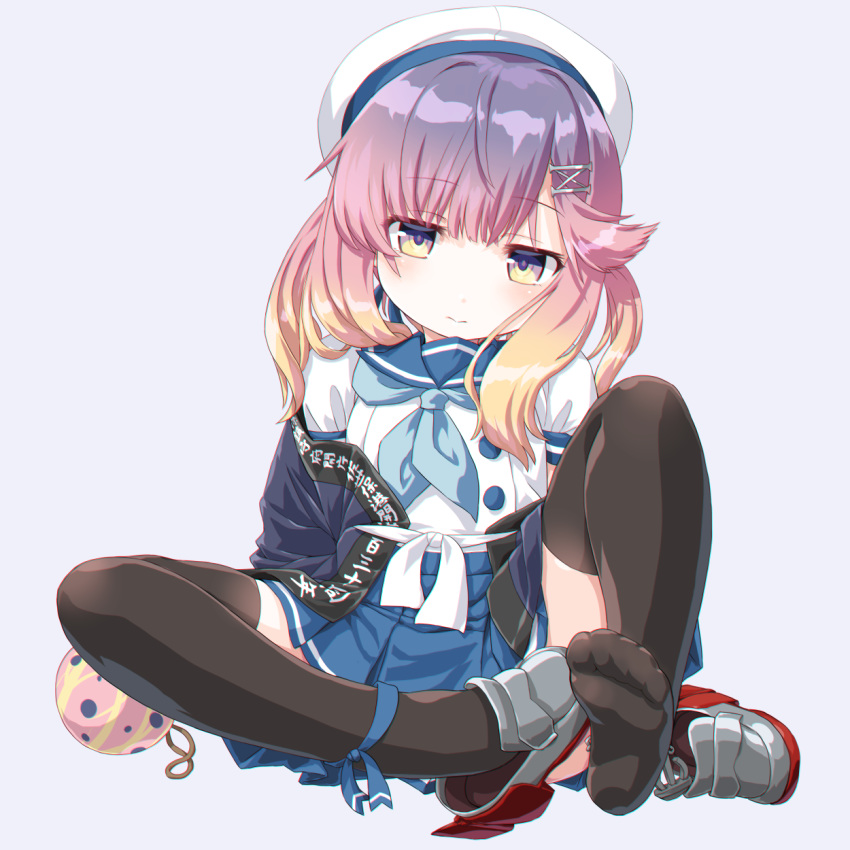 1girl bangs black_legwear blue_neckwear blue_ribbon blue_sailor_collar blue_skirt blush buttons closed_mouth clothes_writing commentary_request dd_(ijigendd) eyebrows_visible_through_hair full_body gradient_hair hat highres jacket kantai_collection long_hair long_sleeves looking_at_viewer multicolored_hair neckerchief orange_hair pleated_skirt puffy_short_sleeves puffy_sleeves purple_eyes purple_hair ribbon sailor_collar sailor_hat school_uniform serafuku shoes short_sleeves sidelocks simple_background sitting skirt solo thighhighs tsushima_(kantai_collection) white_headwear