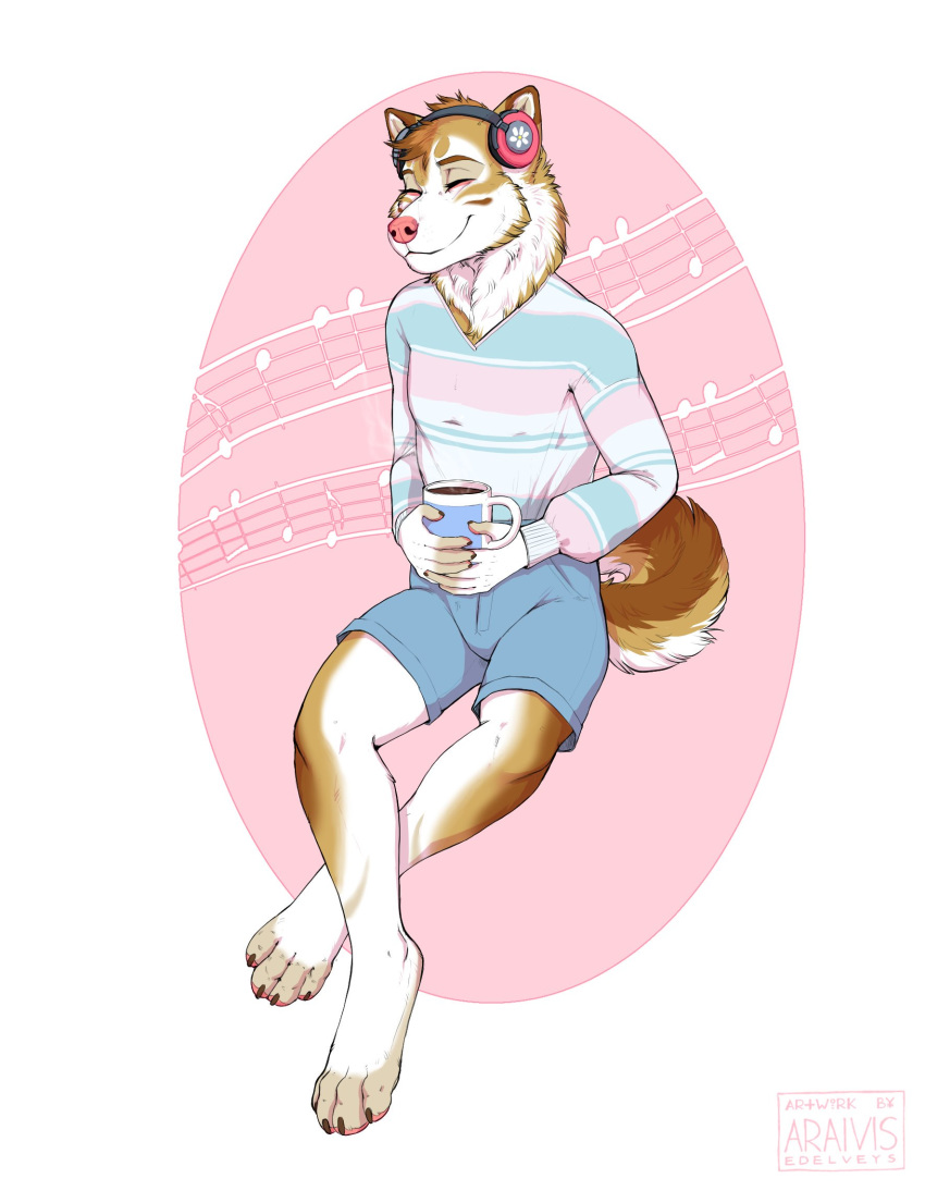 2019 4_toes 5_fingers anthro araivis-edelveys barefoot canid canine canis clothed clothing digital_media_(artwork) domestic_dog eyebrows eyelashes fingers fur headphones hi_res male mammal smile solo tan_body tan_fur toes white_body white_fur