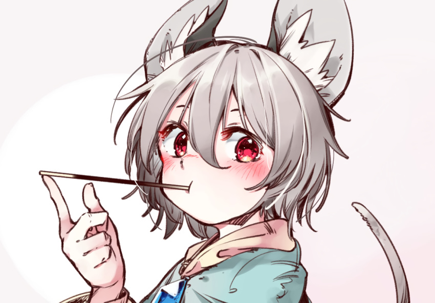 animal_ears blush close food gray_hair kibayashi_kimori mousegirl nazrin pocky red_eyes short_hair tail touhou white