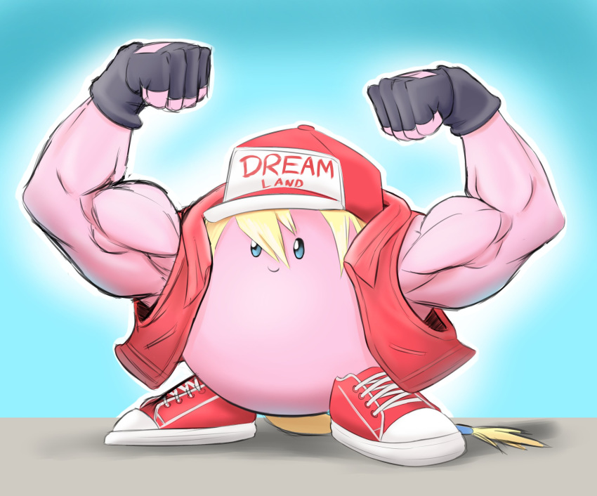 2019 absurd_res alien biceps blonde_hair blue_eyes clothing cosplay crossover english_text fatal_fury flexing footwear gloves hair handwear hat headgear headwear hi_res humor kirby kirby_(series) long_hair male manly muscular muscular_male nintendo pink_body pink_skin ponytail real_dr_lloyd shoes smile snk solo terry_bogard text topwear triceps vest video_games waddling_head