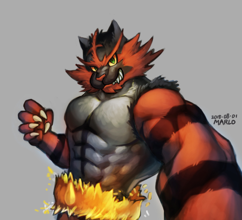 2018 5_fingers abs anthro biceps black_body black_fur claws digital_media_(artwork) fingers fur green_eyes grey_background incineroar looking_at_viewer male mammal multicolored_body multicolored_fur muscular muscular_male nintendo pecs pok&eacute;mon pok&eacute;mon_(species) red_body red_fur simple_background solo teeth video_games wolfmalro yellow_sclera