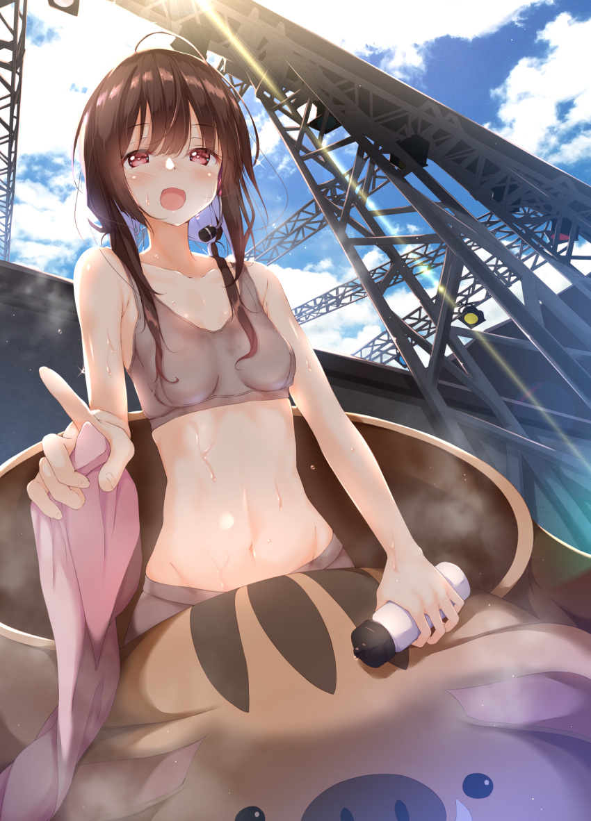1girl :d animal_costume blue_sky boar_costume bottle bra breasts brown_hair cloud collarbone headset highres lens_flare long_hair looking_at_viewer medium_breasts midriff navel numpopo open_mouth original outdoors pink_eyes pointing sky smile solo sports_bra stage_lights standing sunlight sweat underwear water_bottle