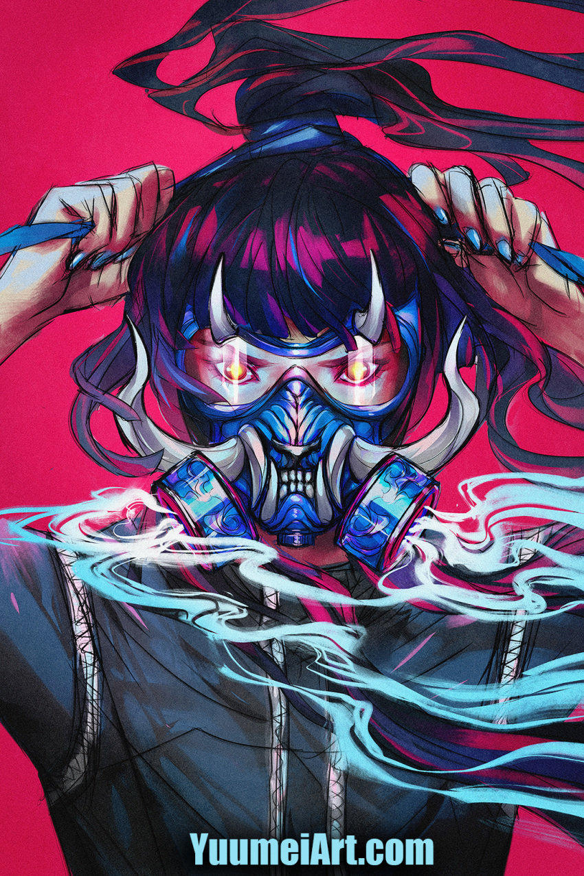 1girl bangs black_hair blunt_bangs face gas_mask glowing glowing_eyes highres long_hair looking_at_viewer nail_polish original pink_background ponytail red_eyes solo tying_hair watermark web_address wenqing_yan