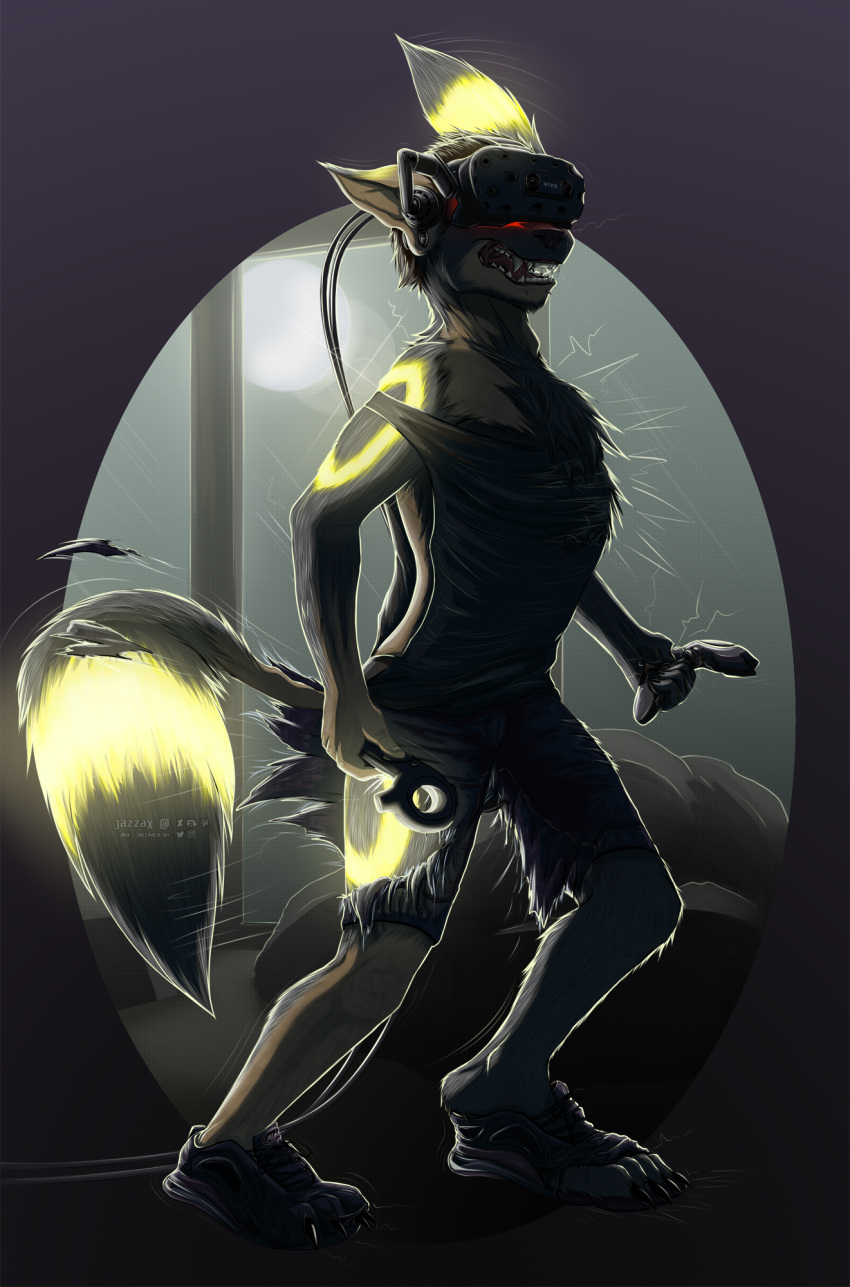 2019 5_fingers ambiguous_gender anthro artist_name bioluminescence black_body black_fur black_nose bottomwear brown_hair chest_tuft clothing controller digital_media_(artwork) ear_piercing eeveelution fingers flesh_tunnel footwear full_moon fur fur_growth gaming gauged_ear glowing hair hi_res holding_controller holding_object inside invalid_tag jazzax markings mid_transformation moon motion_lines night nintendo open_mouth piercing playing_videogame pok&eacute;mon pok&eacute;mon_(species) shoes shorts solo standing tail_growth topwear torn_bottomwear torn_clothing torn_topwear transformation tuft umbreon video_games vr_headset watermark window yellow_markings