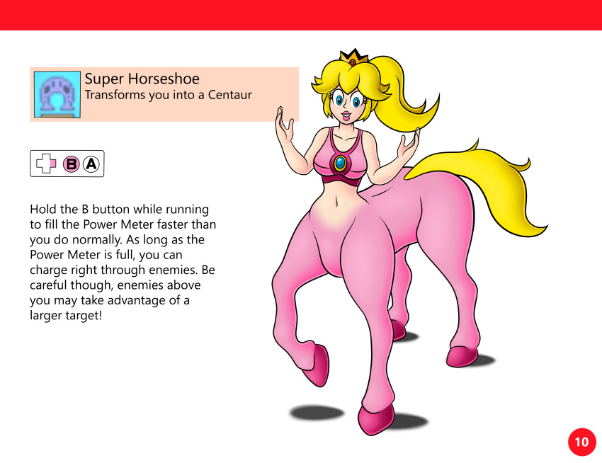 absurd_res blonde_hair blue_eyes breasts centaur clothed clothing english_text equid equid_taur eyelashes female hair hi_res hooves hyperflannel lips mammal mammal_taur mario_bros navel nintendo ponytail princess_peach solo standing taur text video_games