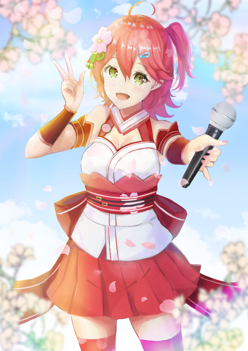 1girl absurdres ahoge bangs bare_shoulders belt belt_buckle breasts brooch buckle cherry_blossom_print cherry_blossoms cleavage cleavage_cutout eyebrows_visible_through_hair flower green_eyes hair_between_eyes hair_flower hair_ornament hairclip highres holding holding_microphone hololive jewelry looking_at_viewer medium_breasts medium_hair microphone miniskirt nail_polish nontraditional_miko one_side_up open_mouth petals pink_hair pink_nails pink_skirt sakura_miko skirt thighhighs tied_hair toriizu_chikin tree_branch virtual_youtuber w zettai_ryouiki
