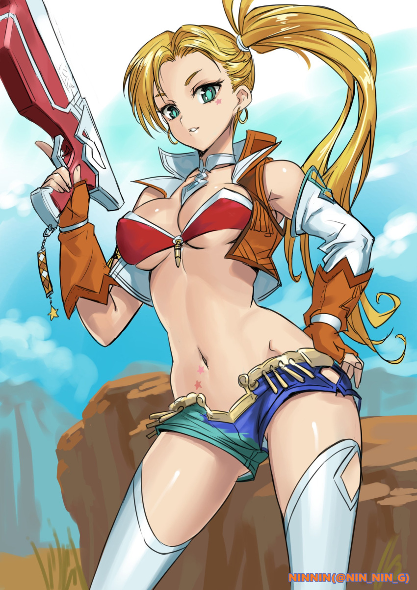 1girl absurdres aqua_eyes bangs bare_shoulders between_breasts blonde_hair blue_shorts blue_sky breasts brown_gloves brown_vest calamity_jane_(fate/grand_order) choker cleavage cropped_vest earrings fate/grand_order fate_(series) fingerless_gloves gloves gun hand_on_hip highres hoop_earrings jewelry large_breasts long_hair looking_at_viewer navel ninnin_(shishitou) parted_bangs red_bikini_top short_shorts shorts side_ponytail sky solo star_tattoo tattoo thighhighs thighs two-tone_shorts vest weapon white_legwear