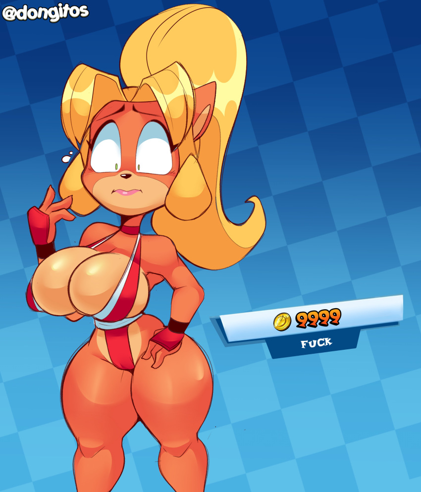 4_fingers absurd_res activision anthro bandicoot big_breasts big_eyes biped blonde_hair blue_background breasts camel_toe clothing coco_bandicoot cosplay crash_bandicoot_(series) dongitos english_text eyelashes fatal_fury female fingers front_view frown fur green_eyes hair hi_res lipstick long_tail mai_shiranui makeup mammal marsupial multicolored_body multicolored_fur nervous orange_body orange_fur pattern_background pink_lipstick ponytail red_clothing signature simple_background standing surprise tan_body tan_fur text thick_thighs two_tone_body two_tone_fur video_games wide_hips