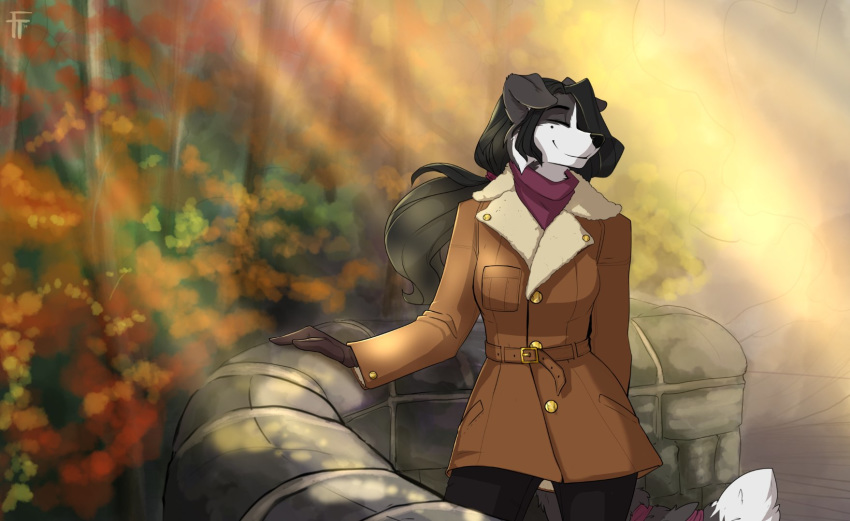 2019 anthro autumn black_hair black_nose border_collie canid canine canis chloe_(abananaman) clothed clothing coat collie day dipstick_tail domestic_dog eyes_closed female firetally floppy_ears hair herding_dog hi_res long_hair mammal multicolored_tail outside pastoral_dog sheepdog smile solo standing topwear