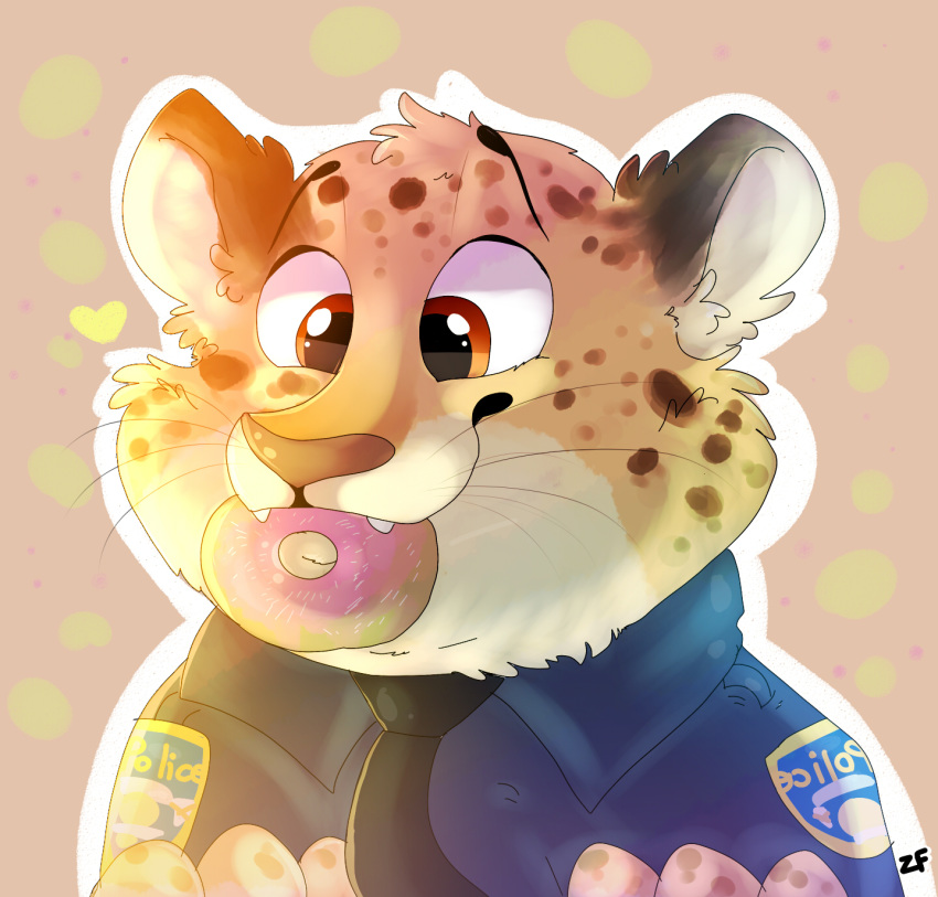 abstract_background anthro benjamin_clawhauser brown_eyes brown_spots bust_portrait cheek_tuft clothed clothing disney doughnut eating face_tuft fangs fluffy food front_view fur head_tuft hi_res inner_ear_fluff light lighting necktie police_uniform portrait shirt solo spots spotted_body spotted_fur topwear tuft uniform whiskers yellow_body yellow_fur zaphyray zootopia