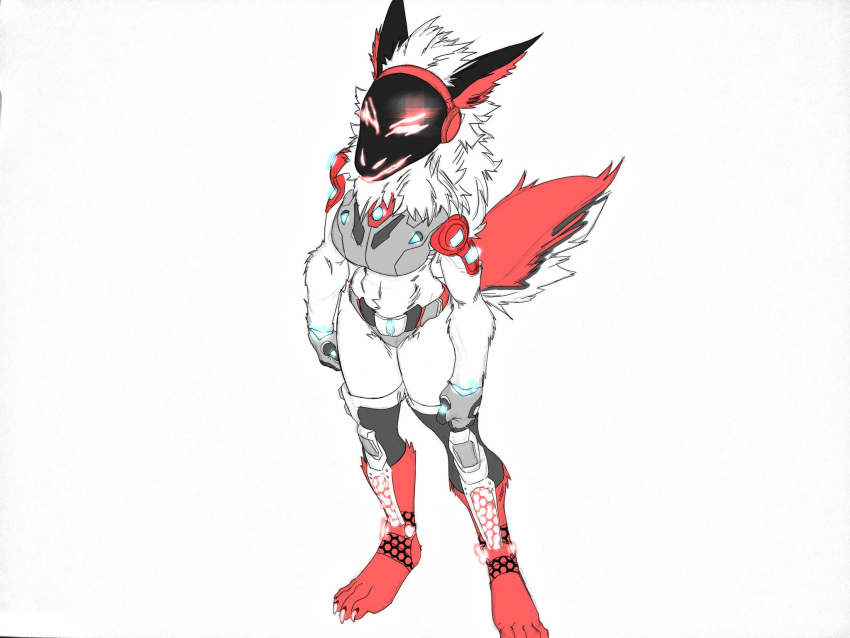 4:3 anthro black_body black_fur claws crotch_plate cybernetics cyborg female fur hair harpseal hi_res humanoid_pointy_ears light long_ears long_hair machine metal_gloves muscular muscular_female neon_lights noisy_(character) protogen red_body red_fur robotic_parts smile standing white_body white_fur