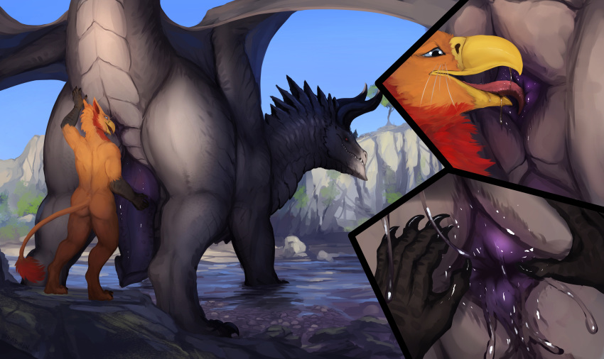 2019 5_fingers anal animal_genitalia anthro anthro_on_feral anus beak bestiality black_claws blue_eyes bodily_fluids butt claws cliff close-up creek curled_horn cutaway day digital_media_(artwork) drad dradmon dragon drooling duo erection feathers feral fingers genital_slit glans grey_body grey_horn grey_scales grey_skin grey_wings half-closed_eyes hi_res horn larger_feral larger_male looking_at_another looking_at_butt looking_at_partner looking_at_viewer looking_back male male/male male_on_feral membrane_(anatomy) membranous_wings multicolored_body multicolored_feathers nude open_beak open_mouth open_smile oral orange_body orange_feathers outside penis pink_tongue presenting presenting_hindquarters purple_anus purple_penis quadruped raised_tail rear_view red_(killioma) red_body red_eyes red_feathers ribbed_penis ridged_horn rimming rock saliva saliva_string scales scalie sex sharp_claws sharp_teeth signature size_difference sky slit smaller_anthro smaller_male smile spread_wings standing tail_tuft teeth toe_claws tongue tree tuft two_tone_body two_tone_feathers water western_dragon wings yellow_beak