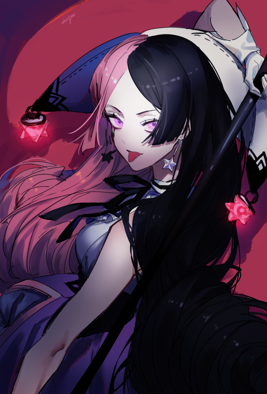 1girl :p absurdres bangs black_hair black_ribbon earrings forever_7th_capital gang_g gloves highres holding jewelry long_hair looking_at_viewer multicolored_hair parted_bangs pink_hair purple_eyes ribbon sidelocks solo star star_earrings tongue tongue_out two-tone_hair upper_body white_gloves