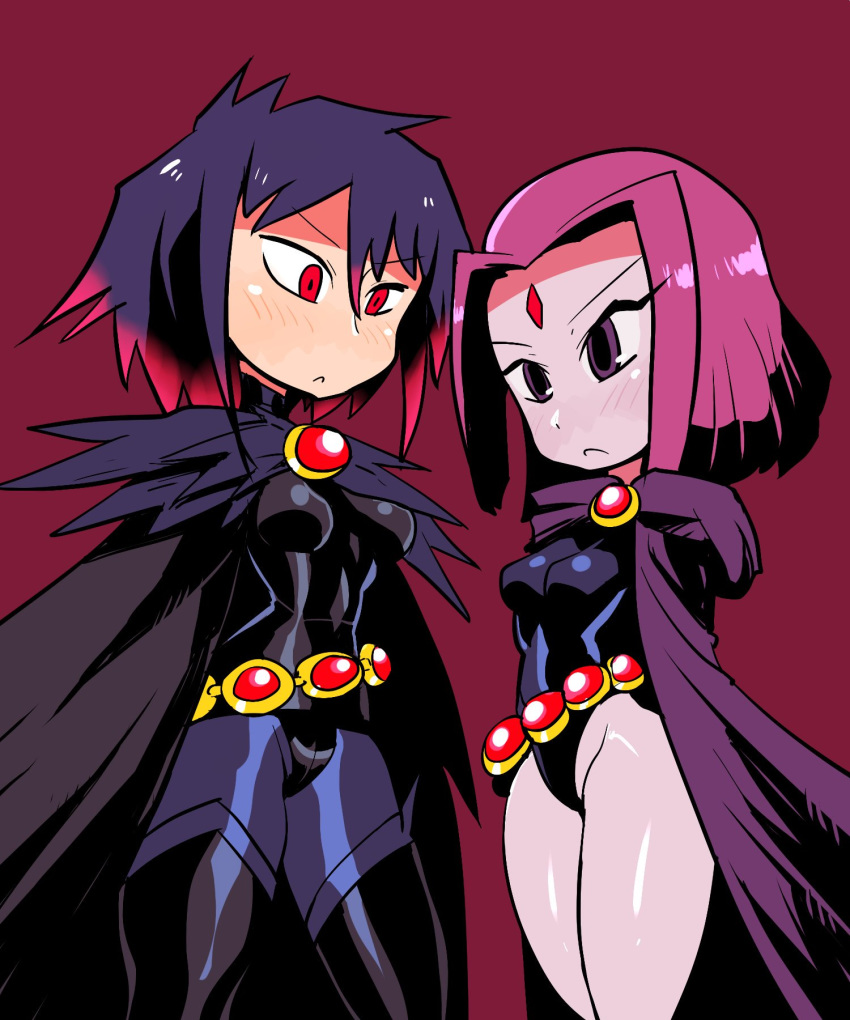 2girls arms_behind_back bare_thighs belt black_cape black_leotard breasts cape dual_persona frown highres jewelry leotard multiple_girls purple_cape purple_eyes purple_hair purple_tights rariatto_(ganguri) raven_(dc) red_eyes teen_titans thighhighs