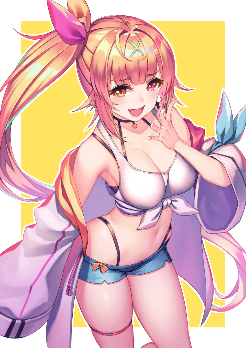 1girl :d ahoge armpits bare_shoulders blonde_hair blue_shorts breasts cleavage crop_top front-tie_top hair_intakes hair_ornament halterneck heterochromia highleg highres hoshikawa_sara hrtyuk jacket large_breasts long_hair long_sleeves looking_at_viewer micro_shorts midriff navel nijisanji off_shoulder open_clothes open_jacket open_mouth orange_eyes red_eyes shirt shorts side_ponytail sidelocks skindentation smile solo tank_top thigh_strap thighs two-tone_background very_long_hair white_jacket white_shirt wide_sleeves x_hair_ornament