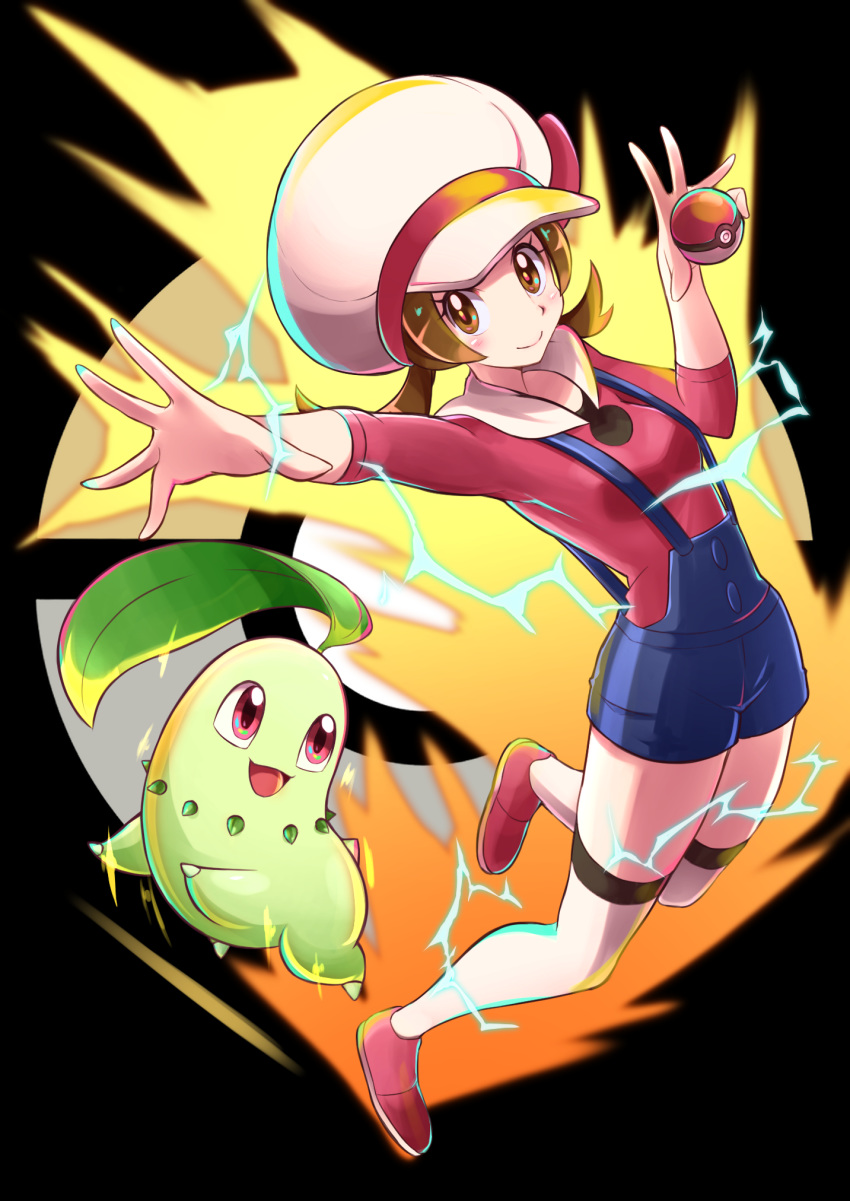 1girl black_background blush brown_eyes brown_hair cabbie_hat chikorita electricity gen_2_pokemon hat hat_ribbon highres holding holding_poke_ball kotone_(pokemon) looking_at_viewer motion_blur overalls poke_ball pokemon pokemon_(creature) pokemon_(game) pokemon_hgss red_footwear red_shirt ribbon shirt smile thighhighs twintails white_legwear yakiniku_oc