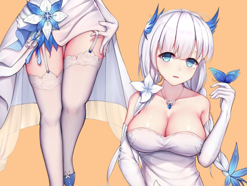 1girl absurdres azur_lane bangs blue_butterfly blue_eyes blush braid breasts butterfly_on_hand cleavage collarbone dress elbow_gloves feathers garter_straps gei_daipf gloves hair_feathers highres illustrious_(illustrious_ballroom)_(azur_lane) jewelry large_breasts long_hair mole mole_under_eye multiple_views necklace parted_lips pendant silver_hair simple_background strapless strapless_dress thigh_gap thighhighs twin_braids white_dress white_gloves white_legwear yellow_background zettai_ryouiki