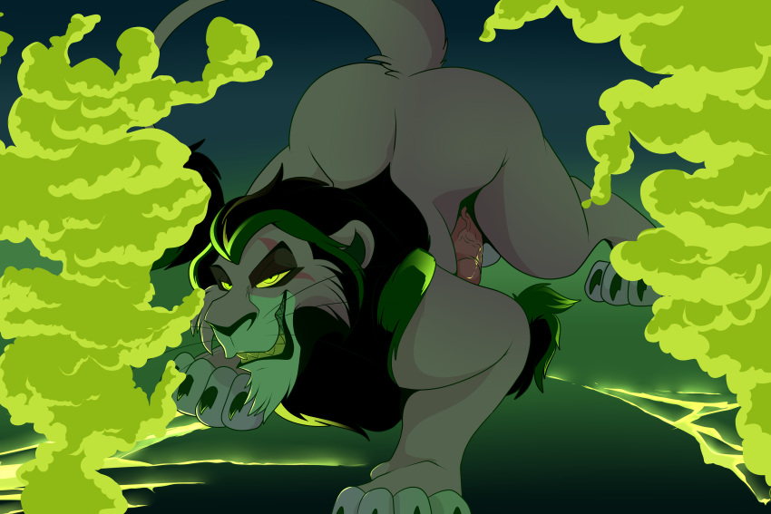absurd_res all_fours arm_tuft ass_up claws disney erection eye_scar felid feral fur half-closed_eyes hi_res lion looking_at_viewer male mammal pantherine penis raised_tail scar scar_(the_lion_king) smile smoke solo standing the_lion_king tuft vein veiny_penis weskers