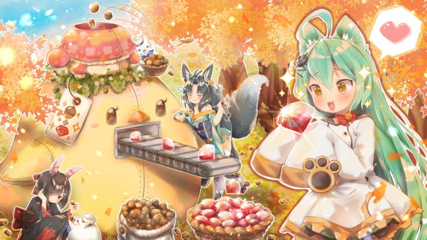 3girls :3 acorn ahoge akashi_(azur_lane) animal_ears autumn_leaves azur_lane bell bell_choker bird black_hair cat cat_ears chick choker diamond_(gemstone) fox_ears fox_tail green_hair hair_ornament hair_over_one_eye hairpin hat headgear heart heart-shaped_pupils highres japanese_clothes kimono kuma_(pompon_tail) leaf long_hair machine manjuu_(azur_lane) maple_leaf meowfficer_(azur_lane) multiple_girls obi off-shoulder_kimono off_shoulder peaked_cap red_eyes ribbon_choker sash shiranui_(azur_lane) short_hair sleeves_past_wrists spoken_heart squatting symbol-shaped_pupils tail tree wide_sleeves yellow_eyes yuubari_(azur_lane)