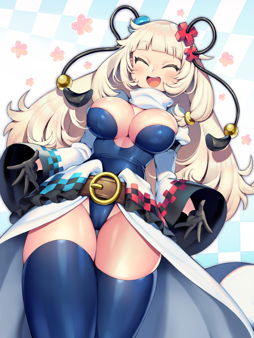 1girl bangs belt black_gloves blonde_hair blue_legwear blunt_bangs blush breasts cameltoe checkered checkered_background cleavage closed_eyes eyebrows_visible_through_hair flower frills gloves hair_ornament highres iroyopon large_breasts long_hair long_sleeves open_mouth original puffy_long_sleeves puffy_sleeves ribbon solo thighhighs turtleneck