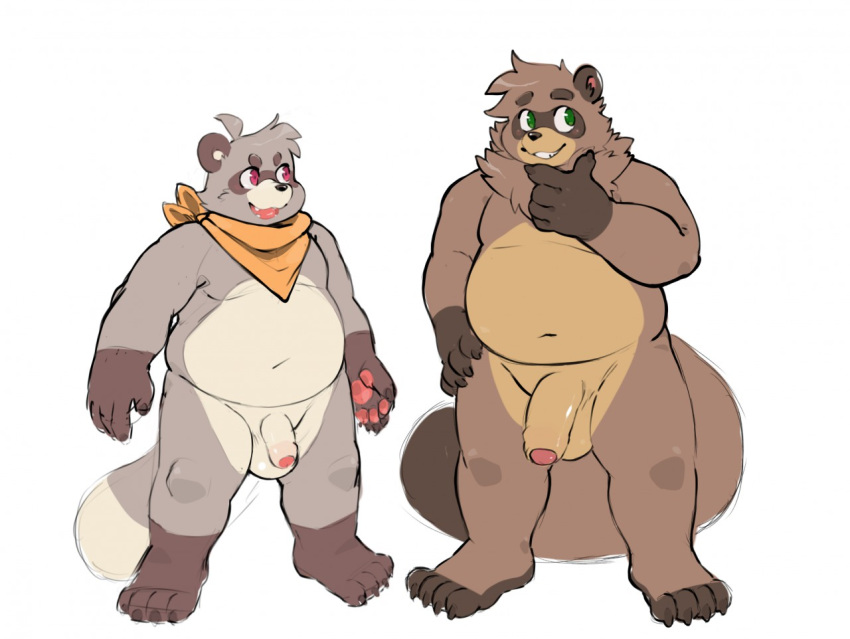 2019 anthro balls belly brown_body brown_fur canid canine duo flaccid fur gazpacho green_eyes humanoid_hands humanoid_penis male mammal navel overweight overweight_male penis raccoon_dog simple_background tanuki white_background