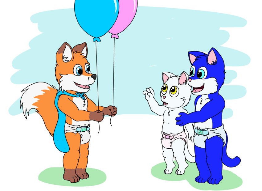 anthro baby chest_tuft cub cyrus_snow(character) cyrusthecat diaper female group kennykitsune lilly_snow(character) male open_mouth simple_background smile standing toddler tuft young