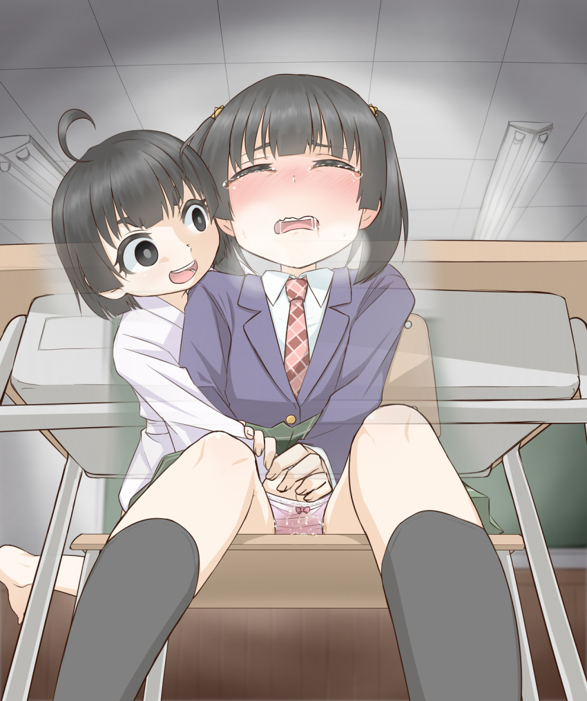 2girls ahoge bangs barefoot black_eyes black_hair black_legwear blue_jacket blush bow bow_panties breath chair chalkboard classroom closed_eyes commentary_request desk drooling embarrassed fingering flat_chest floating ghost green_skirt hair_tie hand_under_clothes happy haragon have_to_pee highres indoors jacket kneehighs light_blush long_sleeves looking_at_another miniskirt multiple_girls necktie nose_blush open_mouth original panties pantyshot pantyshot_(sitting) peeing peeing_self pink_panties plaid plaid_skirt pleated_skirt red_neckwear saliva school_desk school_uniform shiny shiny_hair shirt short_hair sitting skirt smile sweat tears teeth textless tied_hair twintails underwear upskirt wet wet_clothes wet_panties white_shirt x-ray yuri