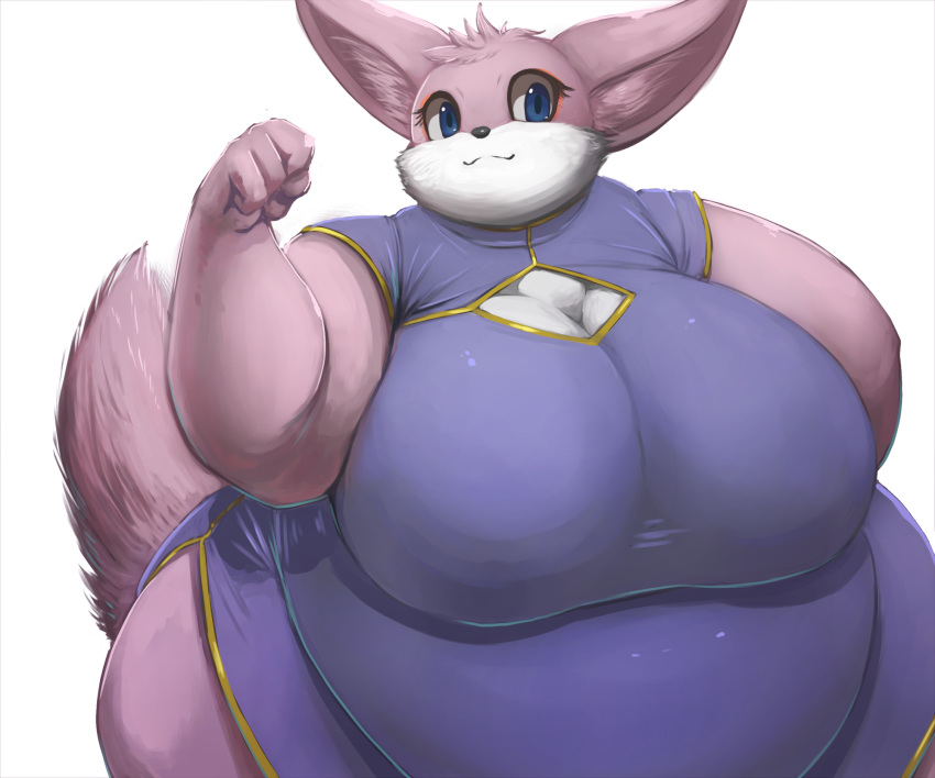 anthro belly big_belly big_breasts black_nose blue_eyes breasts cleavage clothed clothing dress eyeshadow female fur hi_res huge_breasts lagomorph leporid looking_at_viewer makeup mammal obese obese_female overweight overweight_female pink_body pink_fur rabbit sappanwood simple_background smile solo standing thick_thighs white_background yosioka_san