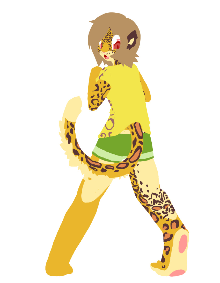 2011 alpha_channel anthro bottomwear brown_hair butt_pose clothed clothing cute_fangs felid feline female hair hi_res humanoid leopard lineless looking_back mammal nnbtf open_mouth pantherine pose rear_view red_eyes shorts simple_background solo species_transformation standing surprise transformation transparent_background