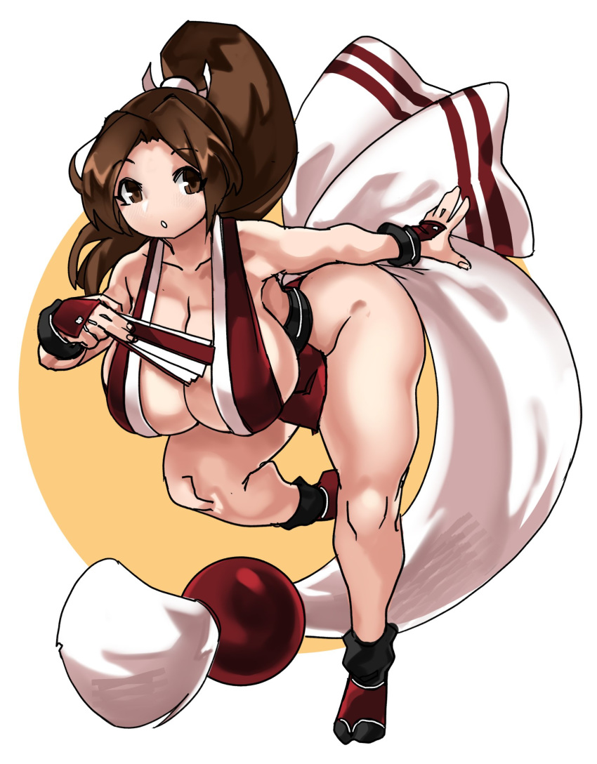 1girl armor bangs bent_over black_legwear bow breasts brown_eyes brown_hair cleavage closed_fan commentary english_commentary fan fatal_fury folding_fan full_body hair_ornament high_ponytail highres huge_breasts japanese_armor kote mole ninja no_bra no_nose no_panties parted_bangs pelvic_curtain revealing_clothes running sash shiranui_mai sideboob sleeveless slender_waist smash_is_for_good_boys_and_girls solo super_smash_bros. tabi the_king_of_fighters thighs white_bow zana
