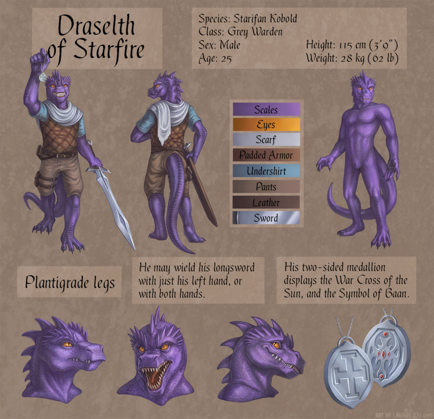 abstract_background animal_genitalia bulge claws draselth english_text genital_slit invalid_tag kobold lauralien male medallion melee_weapon model_sheet nude plantigrade purple_body purple_skin scabbard scalie sharp_teeth slit sword teeth text toe_claws weapon yellow_eyes