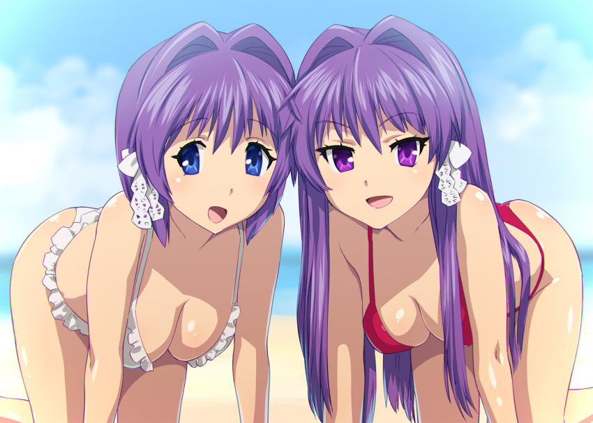 bikini breasts clannad cleavage commentary_request fujibayashi_kyou fujibayashi_ryou hair_ribbon highres long_hair looking_at_viewer multiple_girls purple_eyes purple_hair ribbon siblings sisters smile swimsuit twins ueyama_michirou