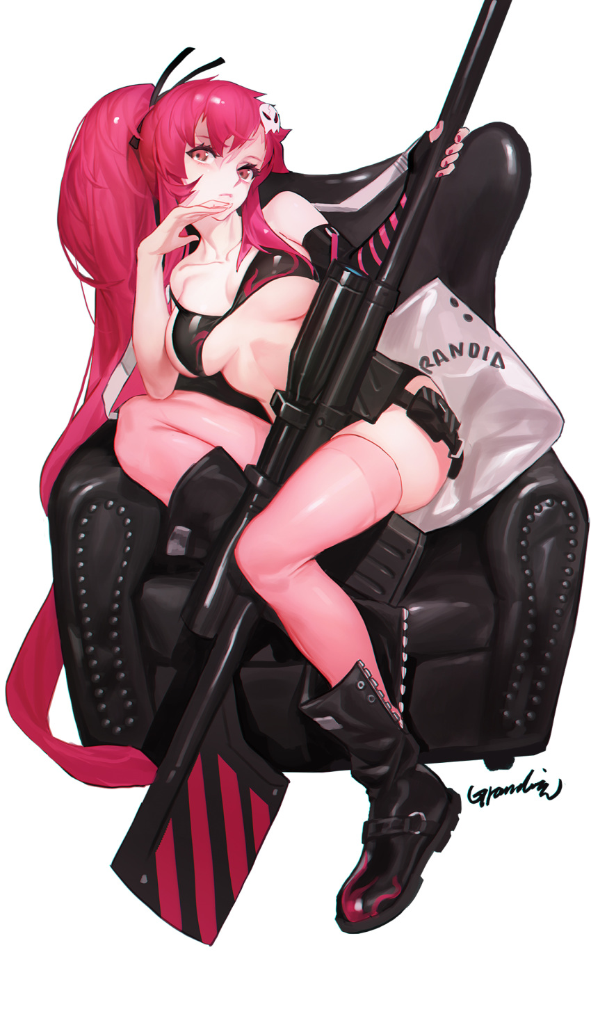 1girl :&lt; armchair artist_name bangs bare_shoulders bikini_top black_bikini_top black_footwear black_ribbon boots breasts brown_eyes chair closed_mouth collarbone fingerless_gloves full_body gloves grandialee gun hair_ornament hair_ribbon hand_on_own_face highres knee_boots large_breasts leaning_to_the_side long_hair looking_at_viewer nail_polish pillow pink_legwear pink_nails ponytail ribbon rifle signature simple_background single_glove skull_hair_ornament sniper_rifle solo strap_slip tengen_toppa_gurren_lagann thighhighs underboob very_long_hair weapon white_background yoko_littner