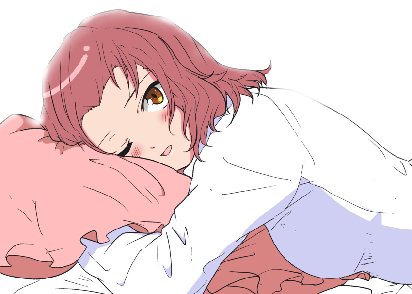 1girl backlighting bed_sheet blush brown_eyes commentary dress_shirt frilled_pillow frills girls_und_panzer highres long_sleeves looking_at_viewer lying medium_hair on_bed on_stomach one_eye_closed open_mouth pillow pillow_hug pink_pillow red_hair rosehip shirt smile solo waking_up white_background white_shirt zono_(inokura_syuzo029)