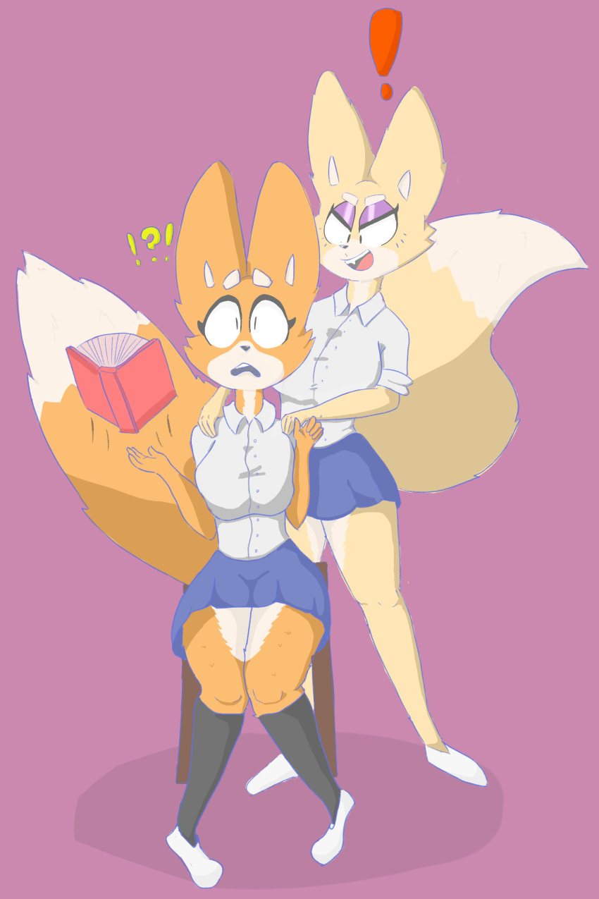 2019 absurd_res anthro big_breasts book bottomwear breasts canid canine clothed clothing curvy_figure digital_media_(artwork) dress_shirt duo female fox fur hi_res huge_breasts ka'zar knee_highs legwear mammal shirt simple_background skirt smile socks thick_hips thick_thighs topwear uniform wide_hips